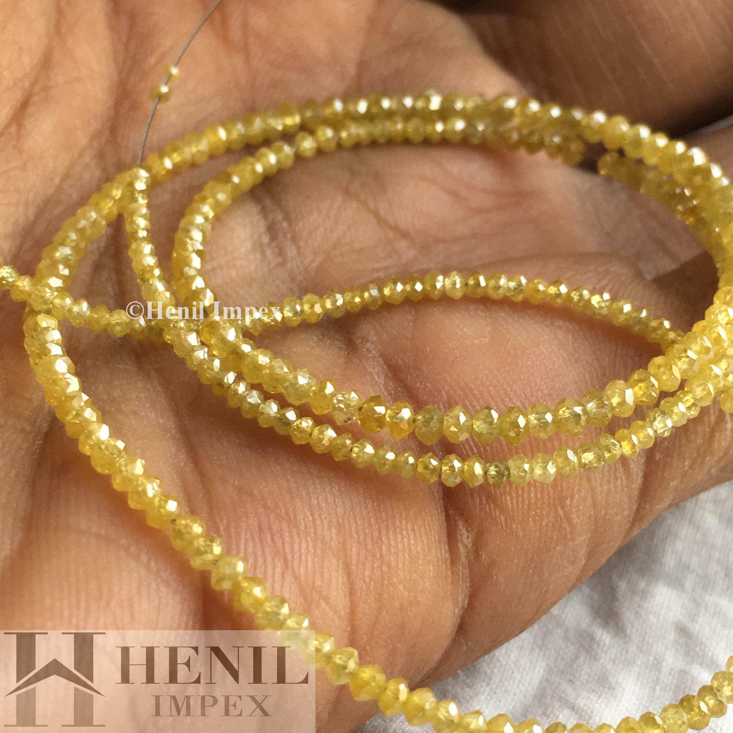 Natural Yellow Color Round Faceted Loose Diamond Beads 16" Long Strand Necklace 15.00 ct Beads Size 1.50 mm to 2.50 mm wt Yellow Gold Clasp