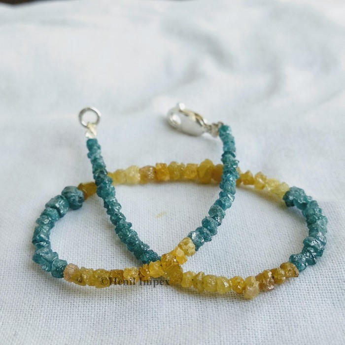 8.00 Ct Natural Blue & Yellow Color Loose Raw Uncut Diamond Beads 6.50" Bracelet wt 925 Silver Clasp