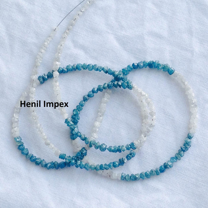 15 ct natural blue & white rough uncut loose diamond beads 16" strand chain wt silver clasp