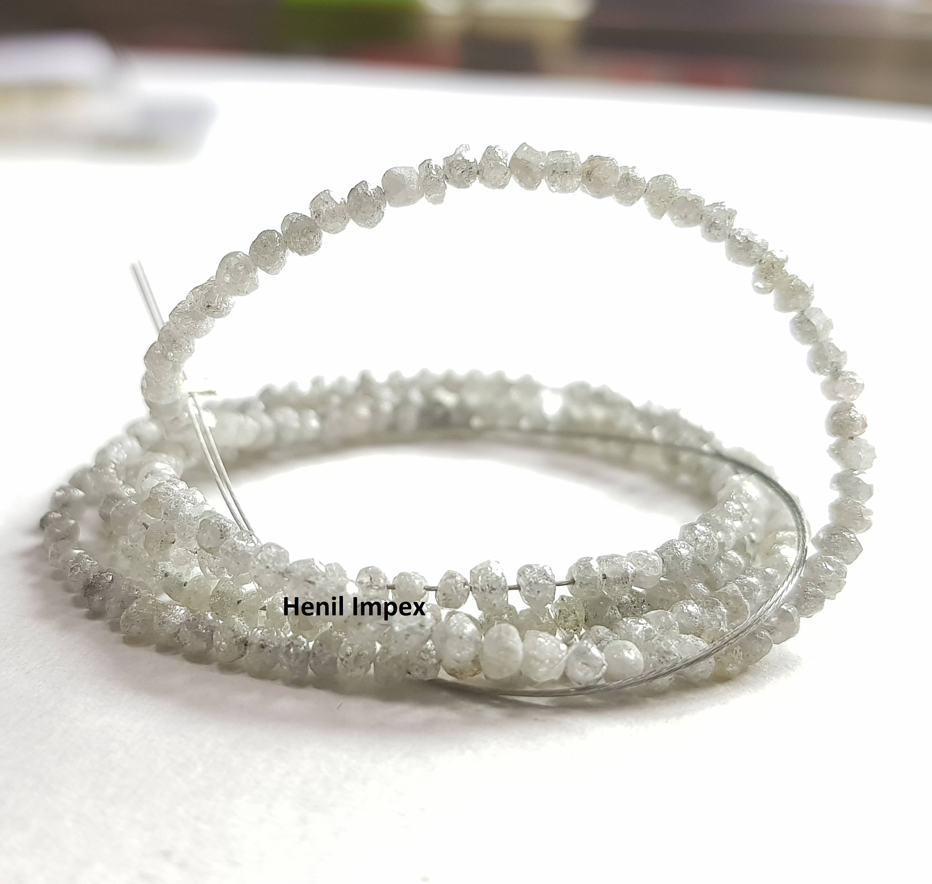 15 ct natural gray color round rough uncut loose diamond beads 16" strand necklace wt silver clasp