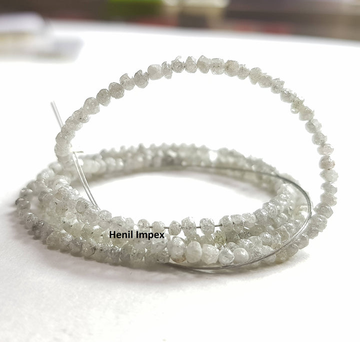 15 ct natural gray color round rough uncut loose diamond beads 16" strand necklace wt silver clasp