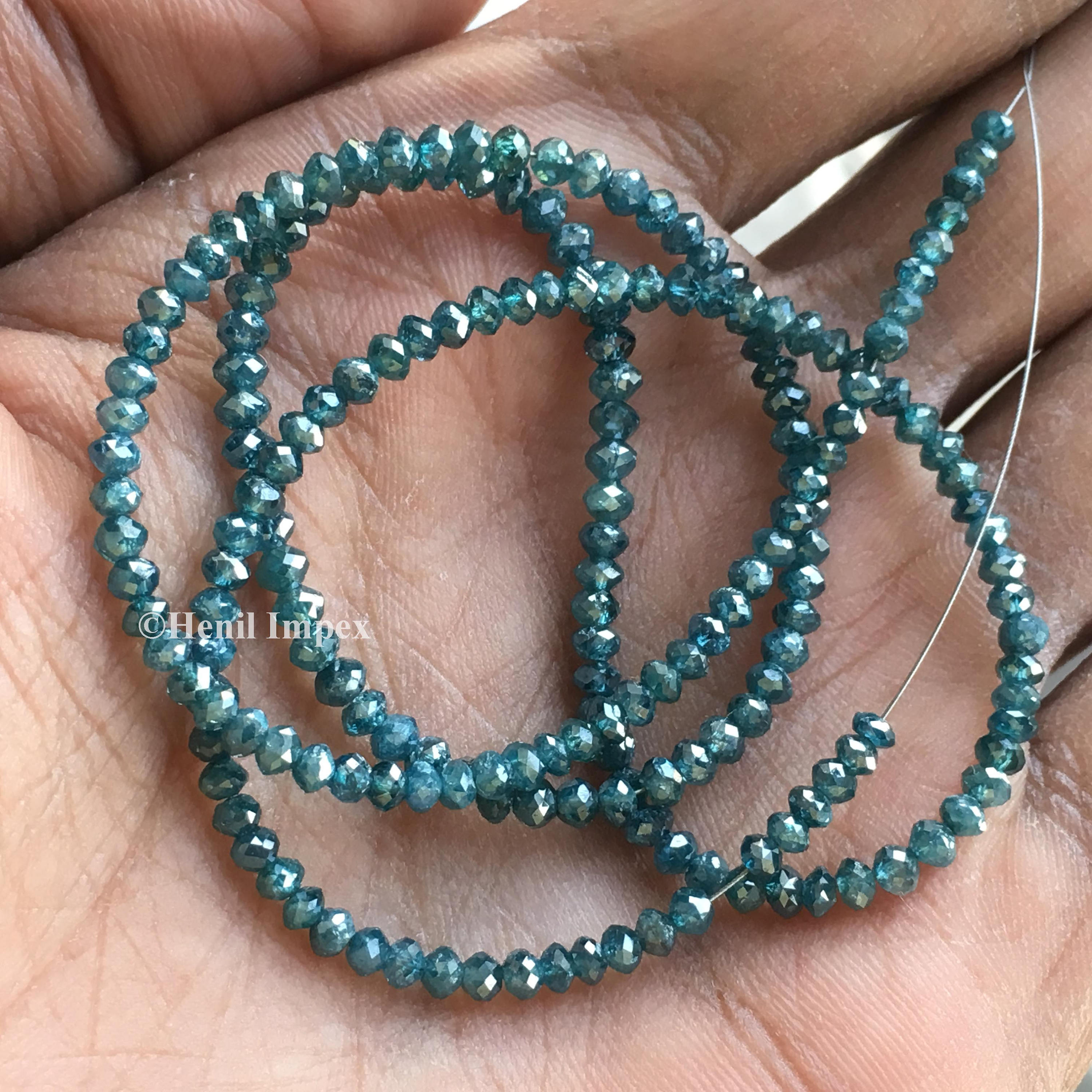 15.00 Ct Natural Faceted Diamond Beads, Blue Color Polished Loose Diamonds, 1.50 mm To 2.50 mm Each, 16 Inch Strand wt Yellow Gold Clasp