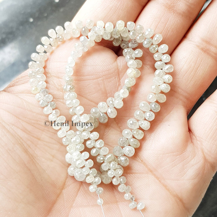 50.00 ct 2.20 to 4.30 MM Size Natural White Gray Color Briolette Drops Loose Diamonds Beads Strand Necklace