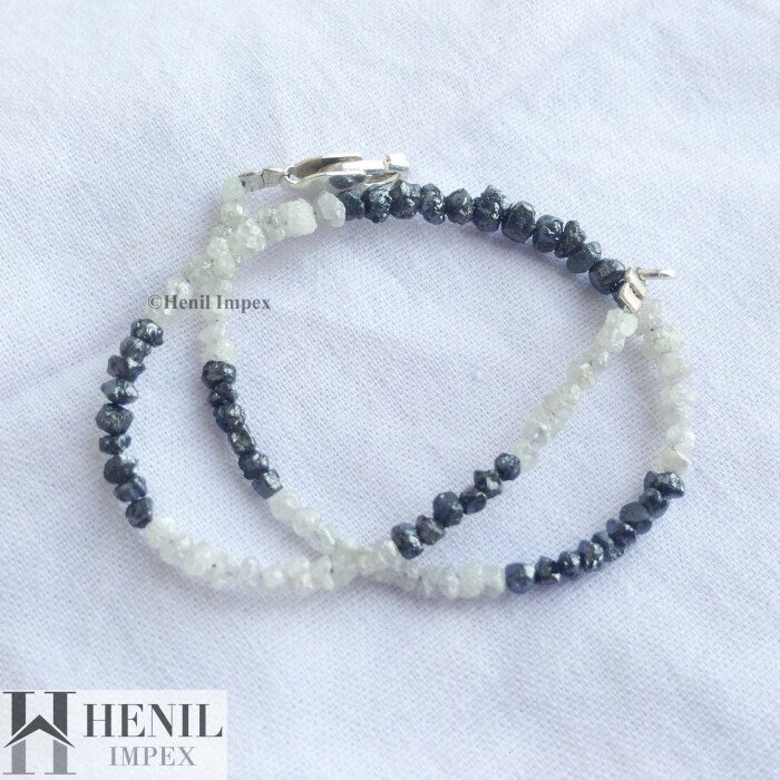 8.00 Ct Natural White Black Raw Rough Loose Diamonds Beads 6.50" Bracelet wt Silver Clasp