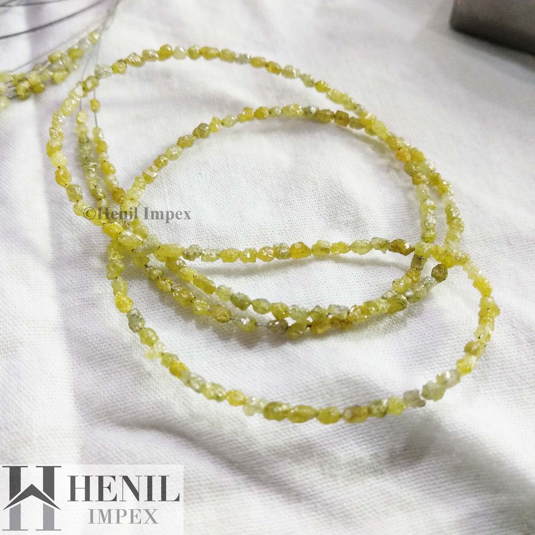 Natural Yellow Color Long Drilled Rough Diamonds, 20.00 Carat Long Drilled Loose Raw Uncut Diamonds Beads 16" Strand Necklace
