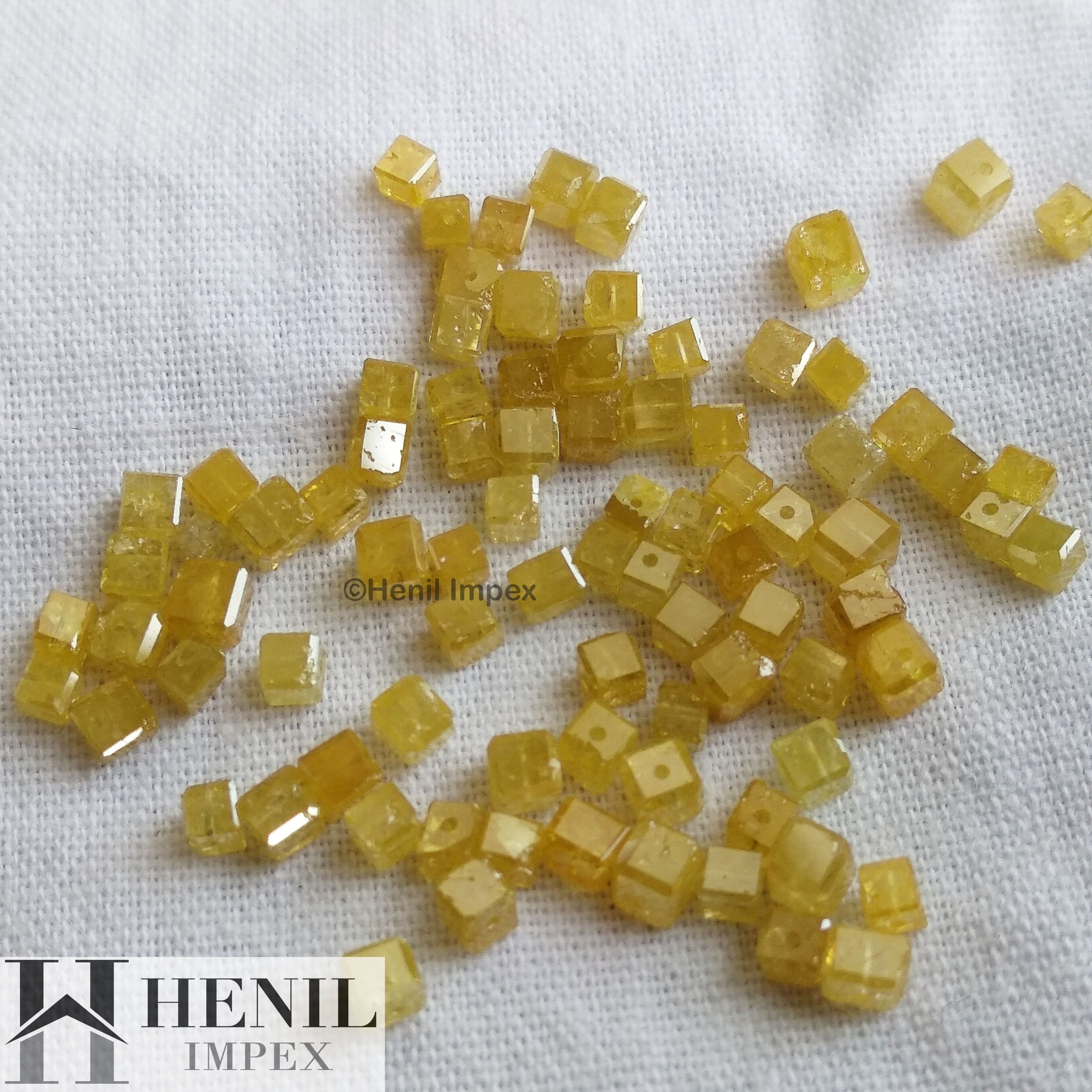 1.00 Carat Fancy Yellow Color Faceted Cube Loose Diamond Beads wt Drilled Hole, Natural Yellow Color Diamond 1.00-1.50 MM
