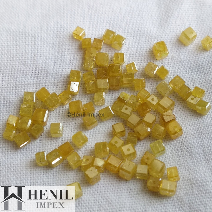 1.00 Carat 1.50-2.00 MM Fancy Yellow Color Faceted Cube Loose Diamond Beads wt Drilled Hole