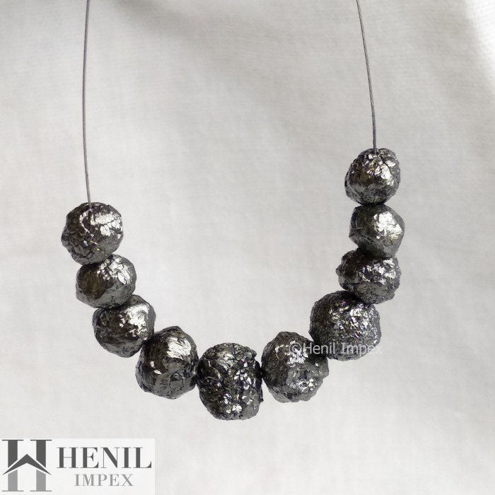 90+ Ct 4.00 to 7.00 MM Size Natural Black Round Rough Diamonds wt Drilled Hole 16" Strand Necklace, Earth Mined Conflict Free Raw Diamond