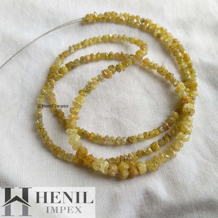 15.00 Ct Natural Yellow Rough Loose Diamond Beads 16" Strand Necklace wt Silver Clasp