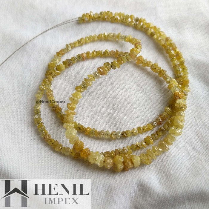 Natural Yellow Color Raw Rough Loose Diamonds Beads, 2-3 mm Size, 16 Inch Strand Chain Necklace