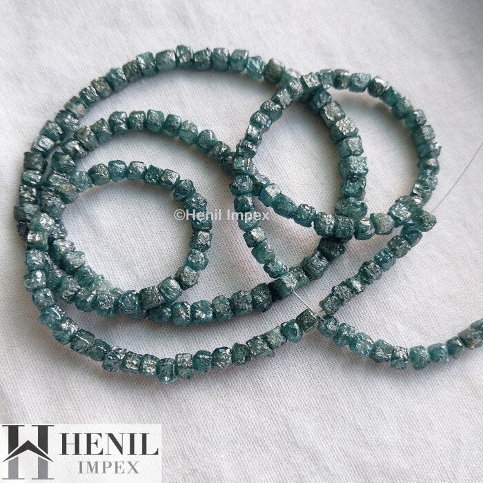 20.00 Ct Natural Blue Cube Rough Loose Diamond Beads with Drilled Hole 16" Strand Chain wt Silver Clasp