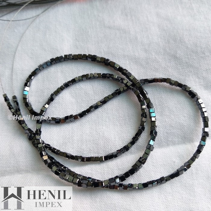 20.00 Ct Natural Black Cube Loose Diamond Beads 16" Strand Necklace, 1.50-2.50 MM Sparkling Square Shape Diamond Beads