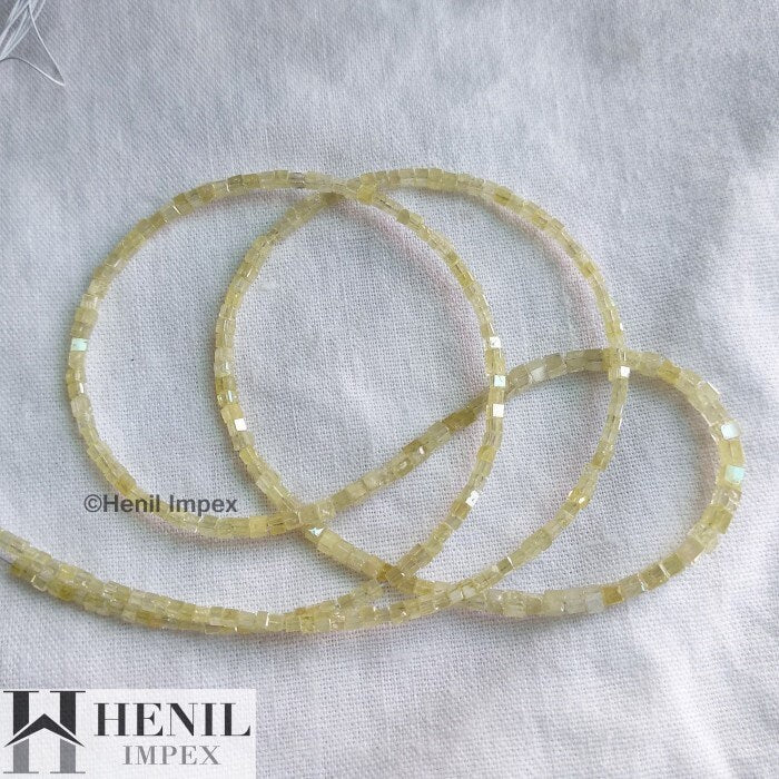 15.00 Ct Natural Light Yellow Color Cube Polished Loose Diamond Beads 16" Strand Necklace 1.50-2.00 MM Size