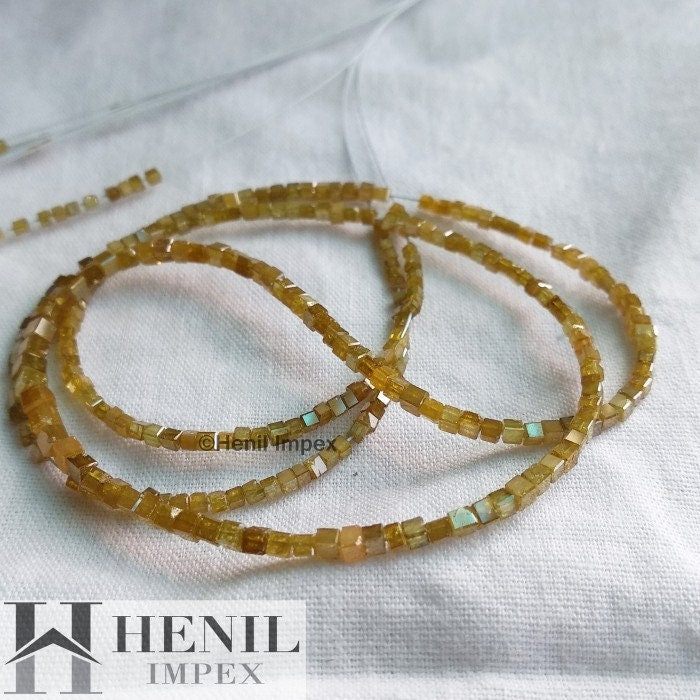 15.00 Ct Natural Yellow Color Cube Polished Loose Diamond Beads 16" Strand Necklace wt Silver Clasp