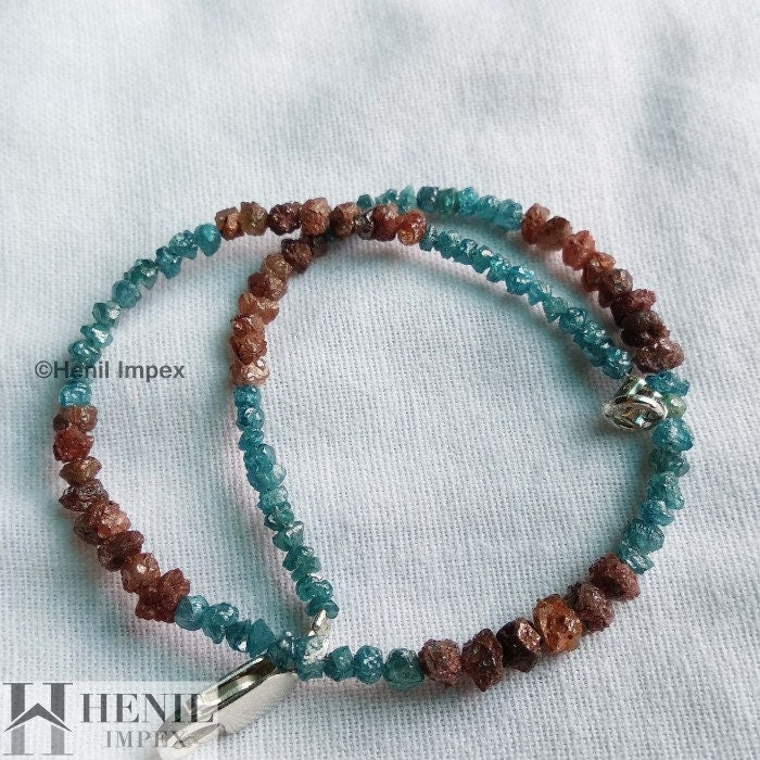 8.00 Carat Natural Red & Blue Rough Diamond Beads 6.50" Bracelet wt Silver Clasp