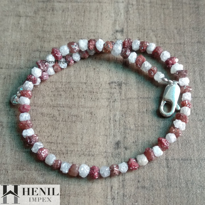 11+ ct Natural White & Red Color Rough Diamond Beads 6.50 Inch Bracelet / Strand wt Silver Clasp
