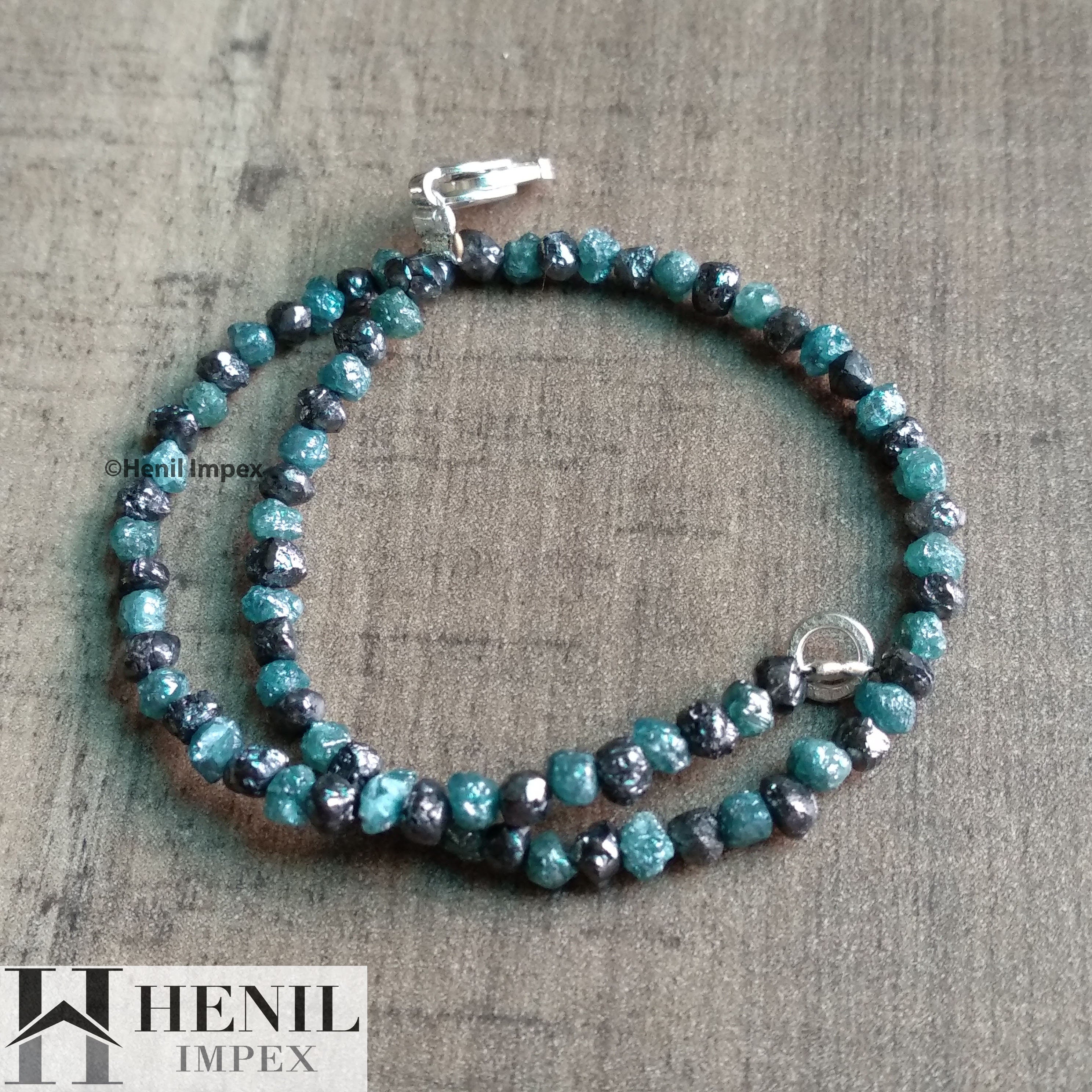 11 Ct Natural Black & Blue Color Rough Diamond Beads 6.50" Bracelet wt 925 Silver Clasp