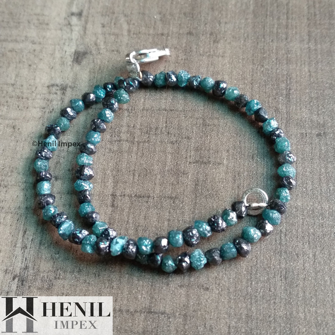 11 Ct Natural Black & Blue Color Rough Diamond Beads 6.50" Bracelet wt 925 Silver Clasp