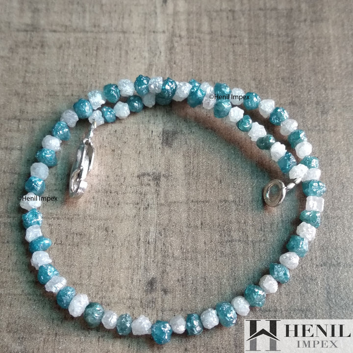 11+ Ct Natural Blue White Color Rough Diamond Beads 6.50 Inch Bracelet wt 925 Silver Clasp