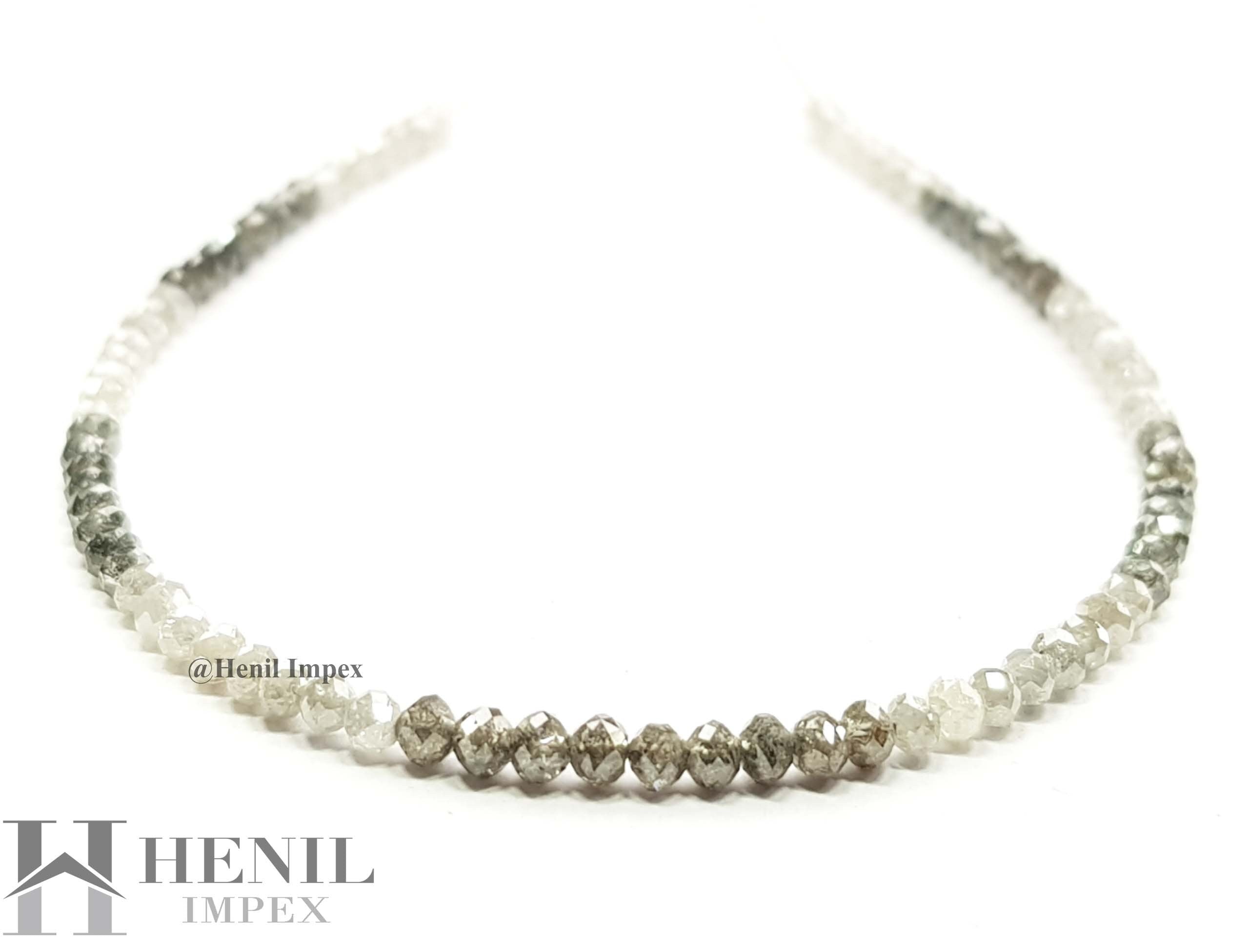 15.00 Ct Natural White Brown Color Round Polished Loose Diamond Beads 16" Strand Necklace wt Silver Clasp