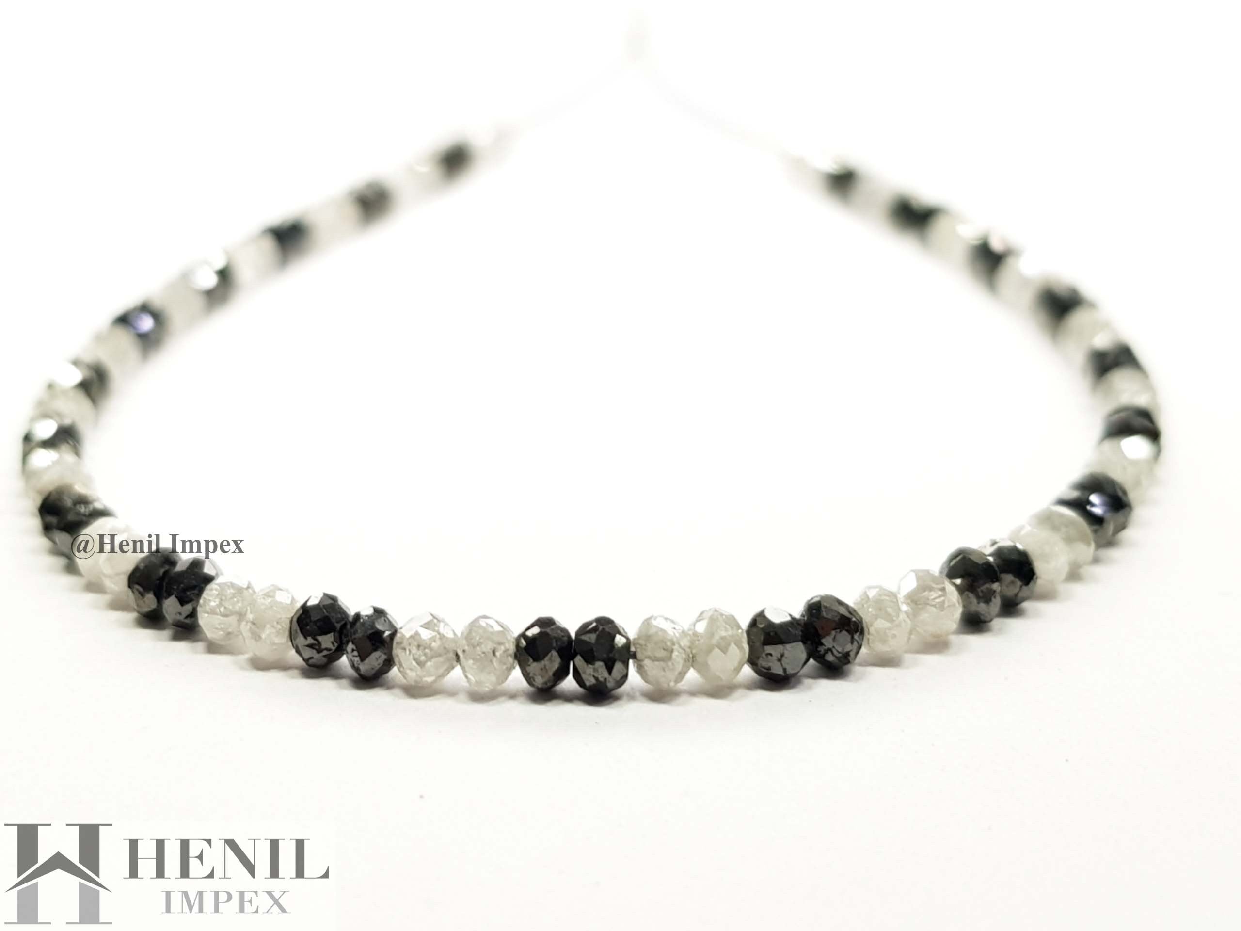 15.04 Ct Natural White Black Color Round Polished Loose Diamond Beads 16" Strand .Silver Clasp