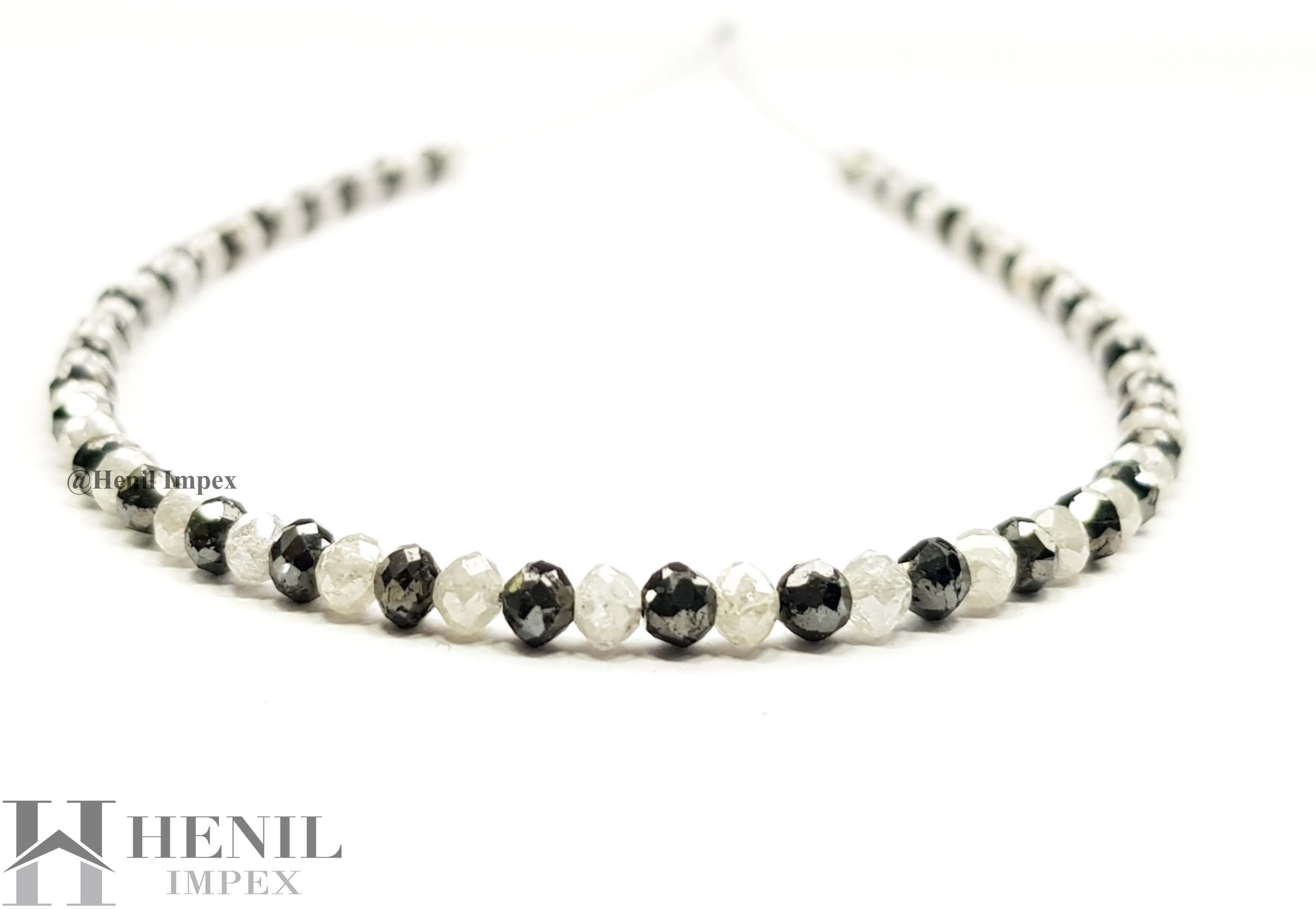 15 Cts Natural White Black Color Round Polished Loose Diamond Beads 16" Strand Necklace wt Silver Clasp