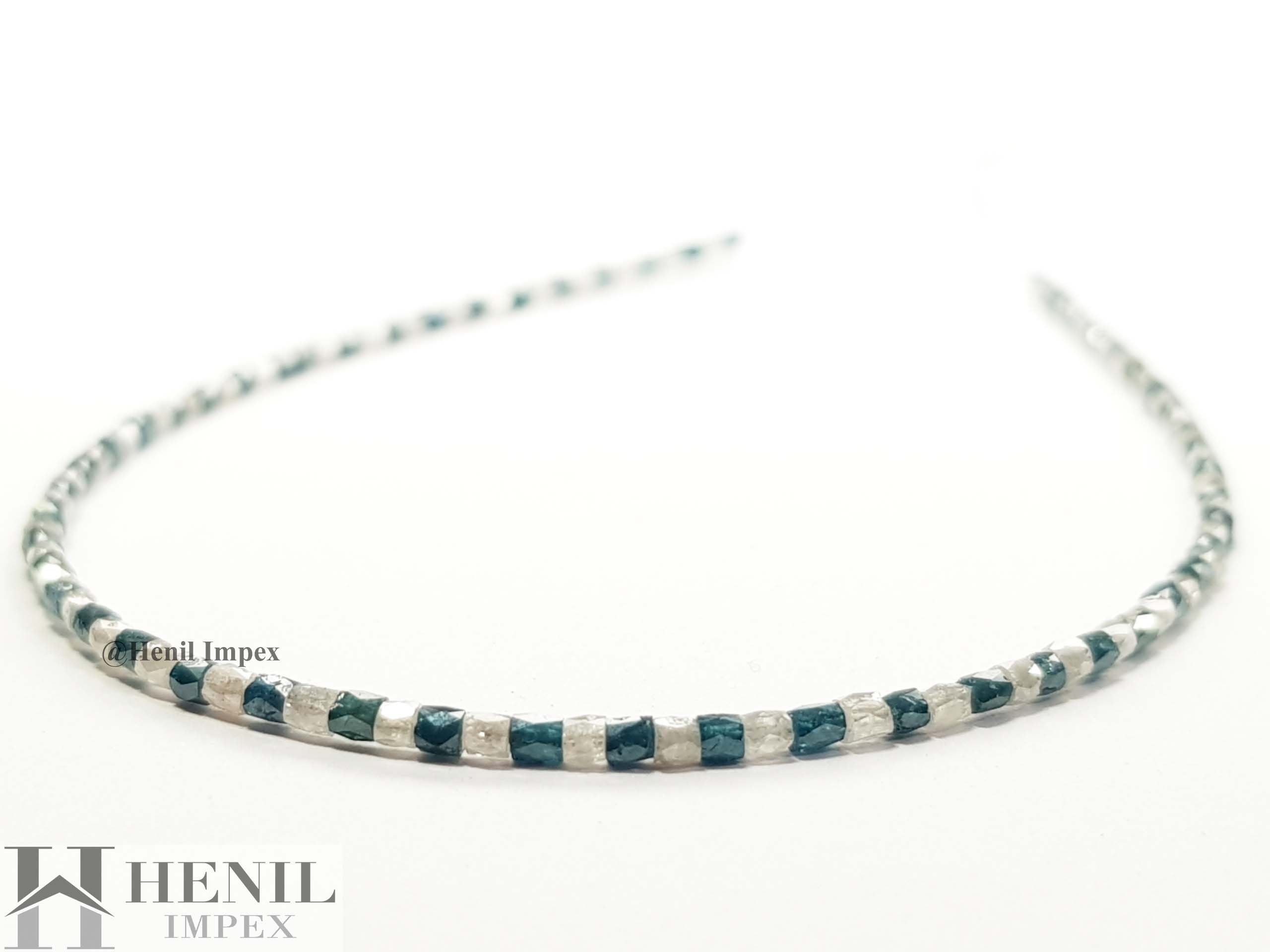6.00 Ct White and Blue Color Polished Tube Pipe Loose Diamond Beads 7" Bracelet .Silver Clasp