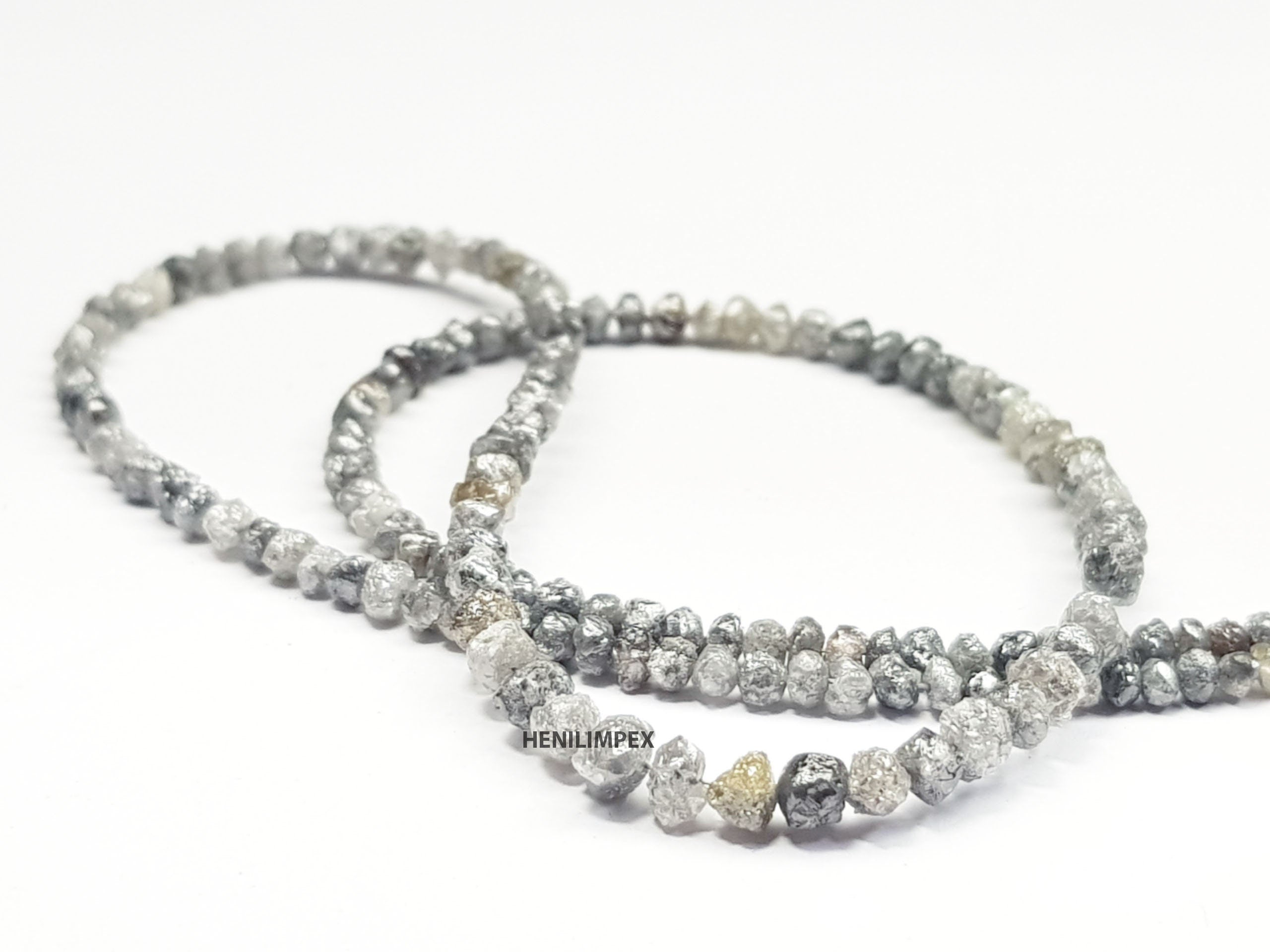 Salt and Pepper Raw Diamond Beads, 50.00 Ct Natural Gray Color Round Rough Diamonds Beads 16" Strand Necklace with Silver Clasp