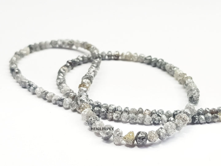 Salt and Pepper Raw Diamond Beads, 50.00 Ct Natural Gray Color Round Rough Diamonds Beads 16" Strand Necklace with Silver Clasp