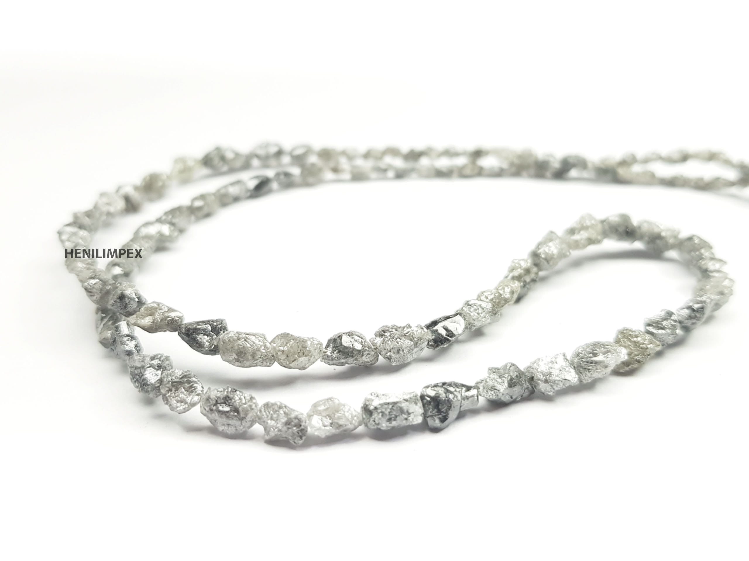 20.00 Ct Salt and Pepper Color Long Drilled Rough Loose Diamonds Beads 16" Strand Necklace .Silver Clasp