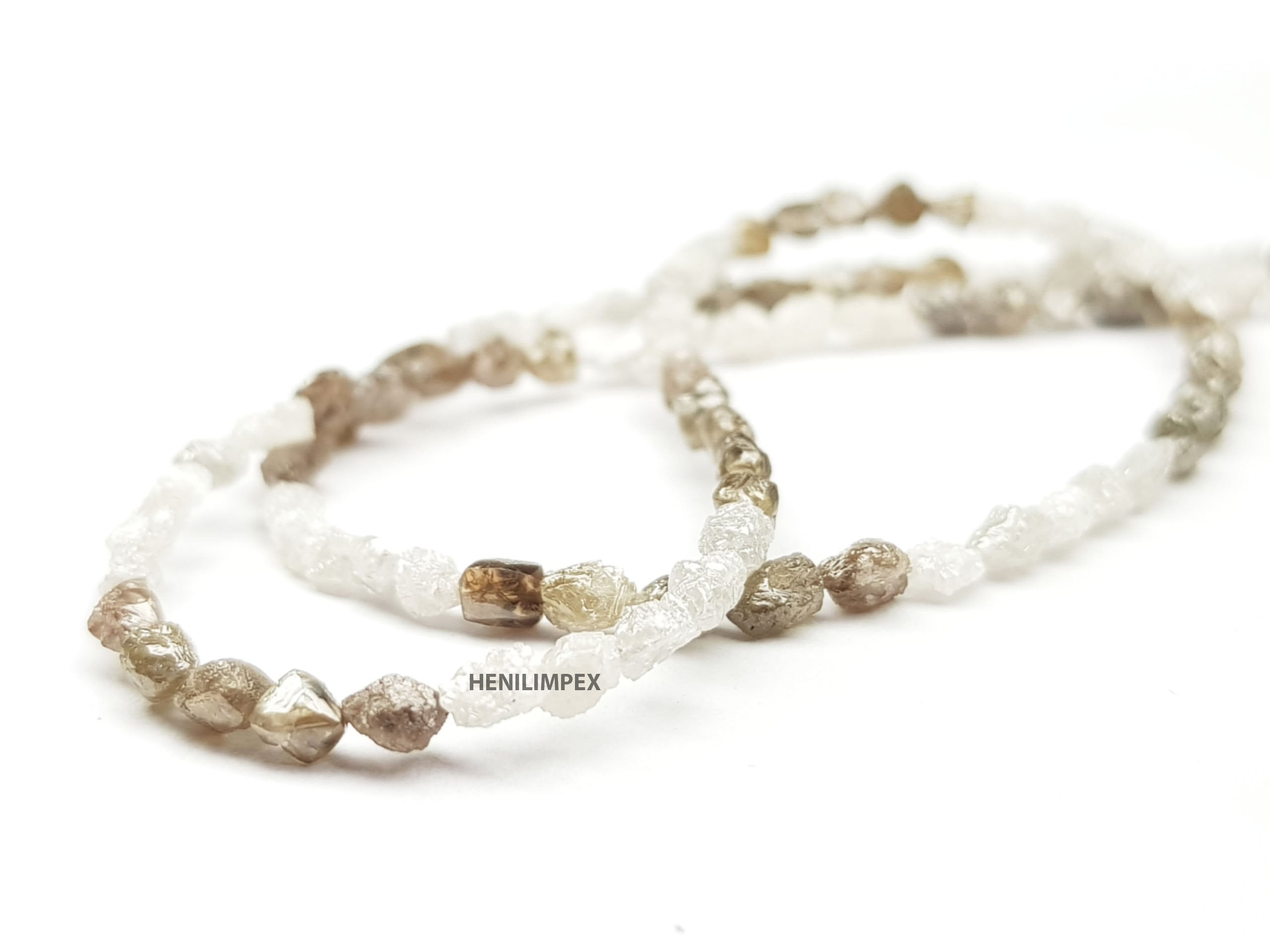 50.00 Ct Natural White Brown Color Long Drilled Rough Loose Diamonds Beads 16" Strand Necklace .Silver Clasp