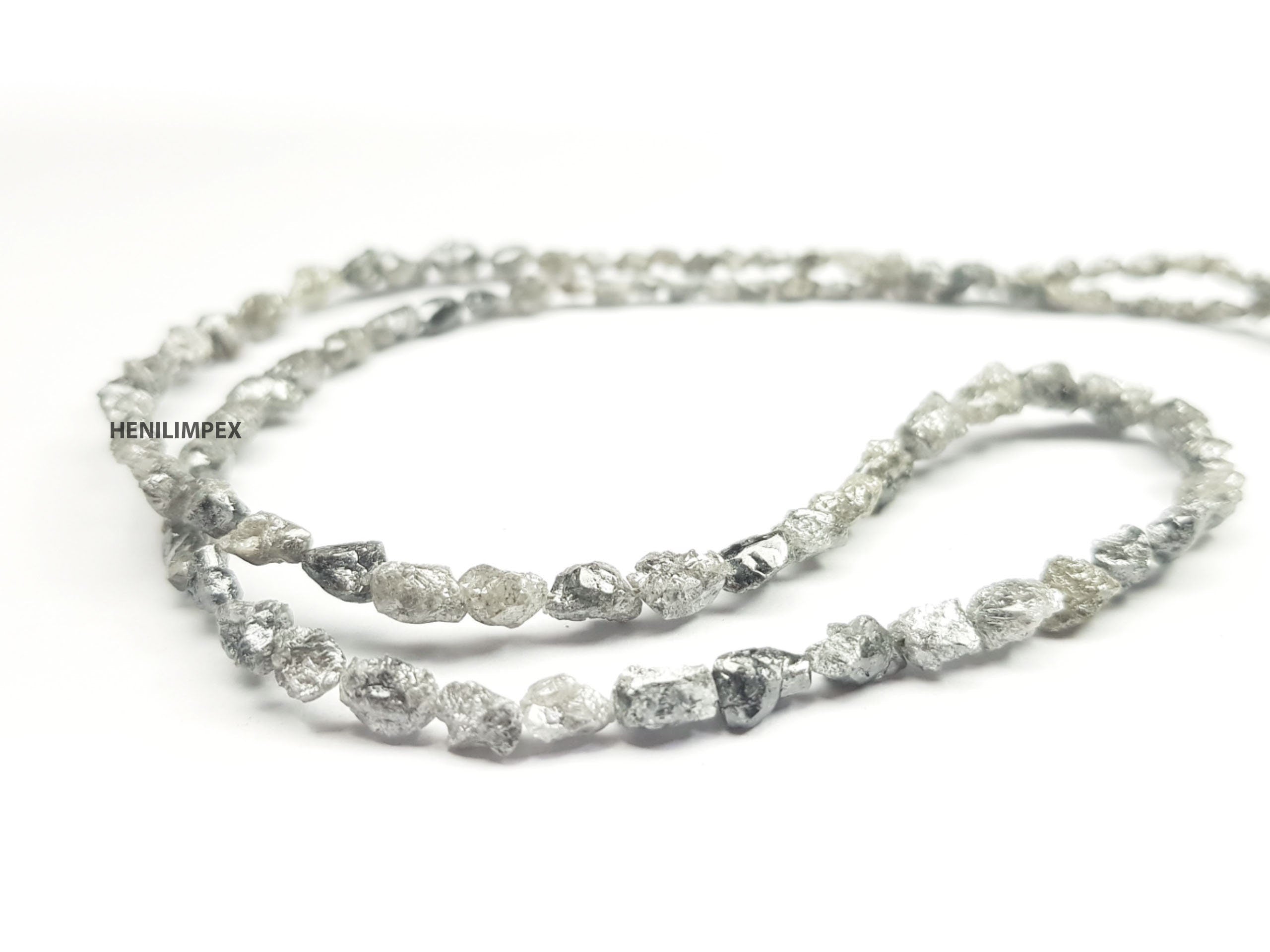 Salt and Pepper Diamond Beads, Unique 50.00 Ct Natural Gray Color Long Drilled Rough Loose Diamonds Beads 16" Strand Necklace Silver Clasp