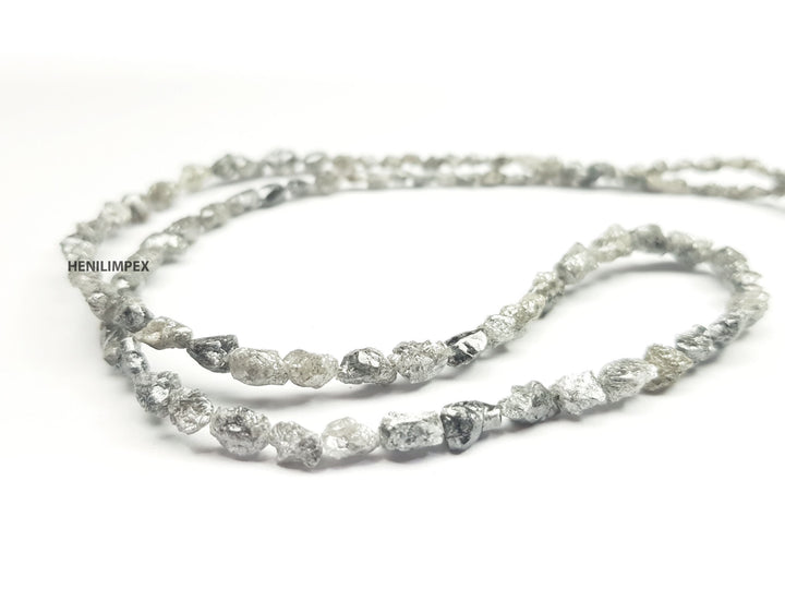 Salt and Pepper Diamond Beads, Unique 50.00 Ct Natural Gray Color Long Drilled Rough Loose Diamonds Beads 16" Strand Necklace Silver Clasp