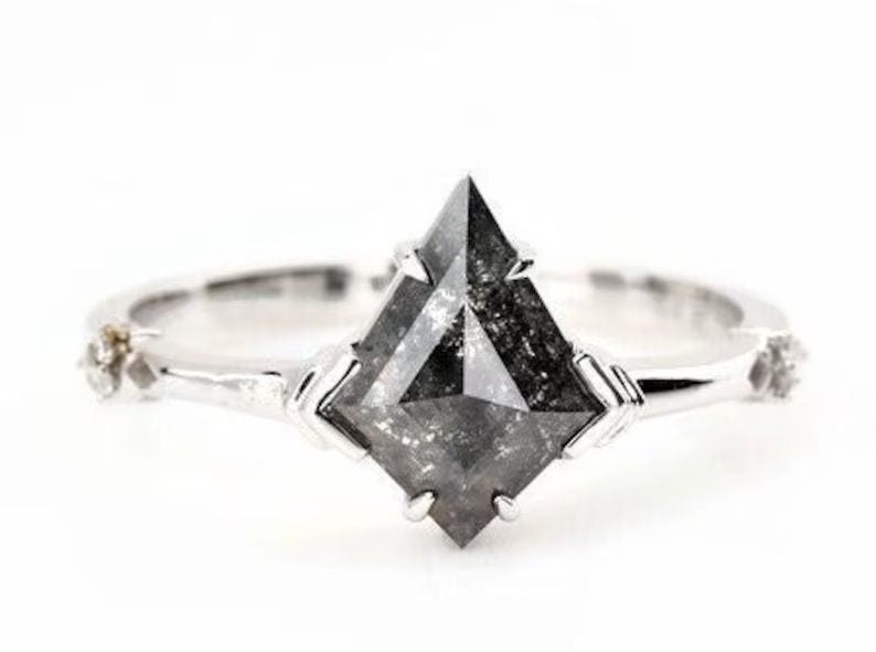 Salt and Pepper Diamond Ring, Natural Grey Color Kite Diamond Engagement Ring, Unique Diamond 14k Gold Ring, Anniversary Ring for Women