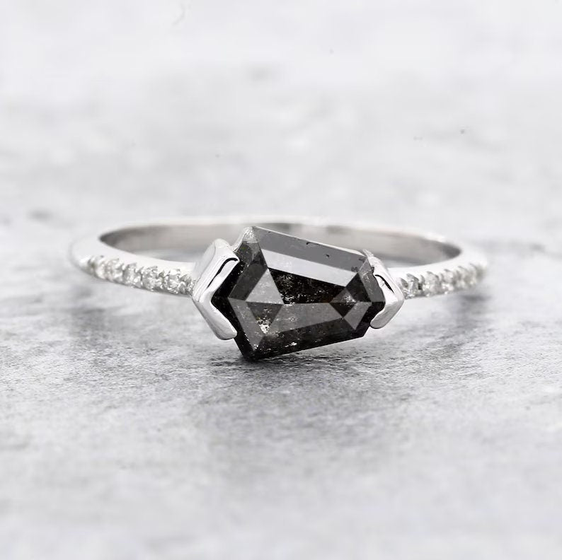 Salt and Pepper Diamond Ring, Natural Grey Color Shield Diamond Engagement Ring, Unique Diamond 14k Gold Ring, Anniversary Ring for Women