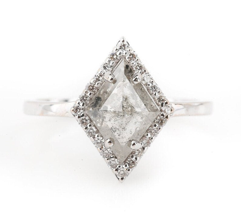 Salt and Pepper Diamond Ring, Natural Grey Color Kite Diamond Engagement Ring, Unique Diamond 14k Gold Halo Ring, Anniversary Ring for Women