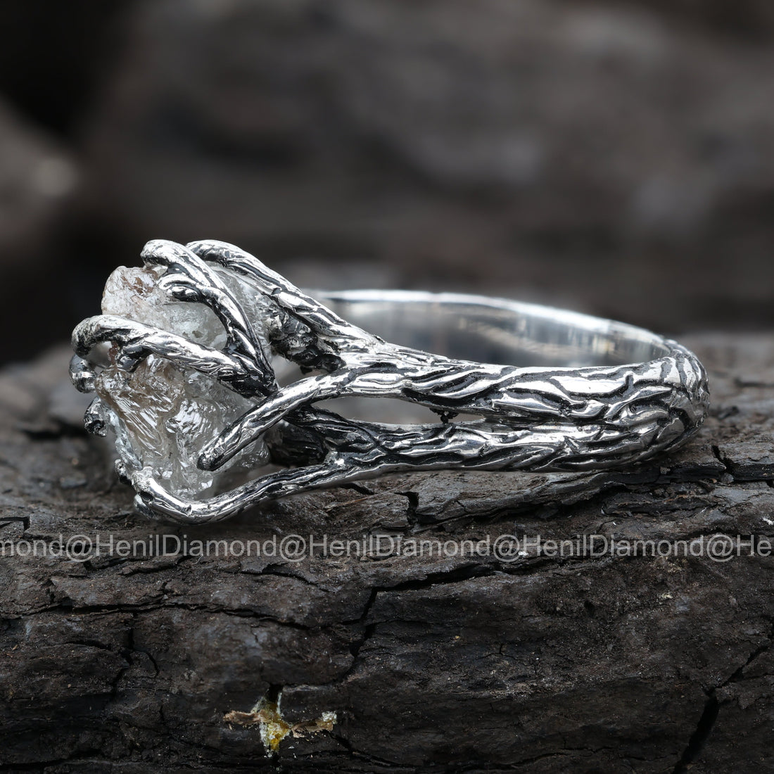 Raw Diamond Ring, 5.60 Ct Natural Black Rough Diamond 14k Gold Engagement Ring, Unique Gift for Her