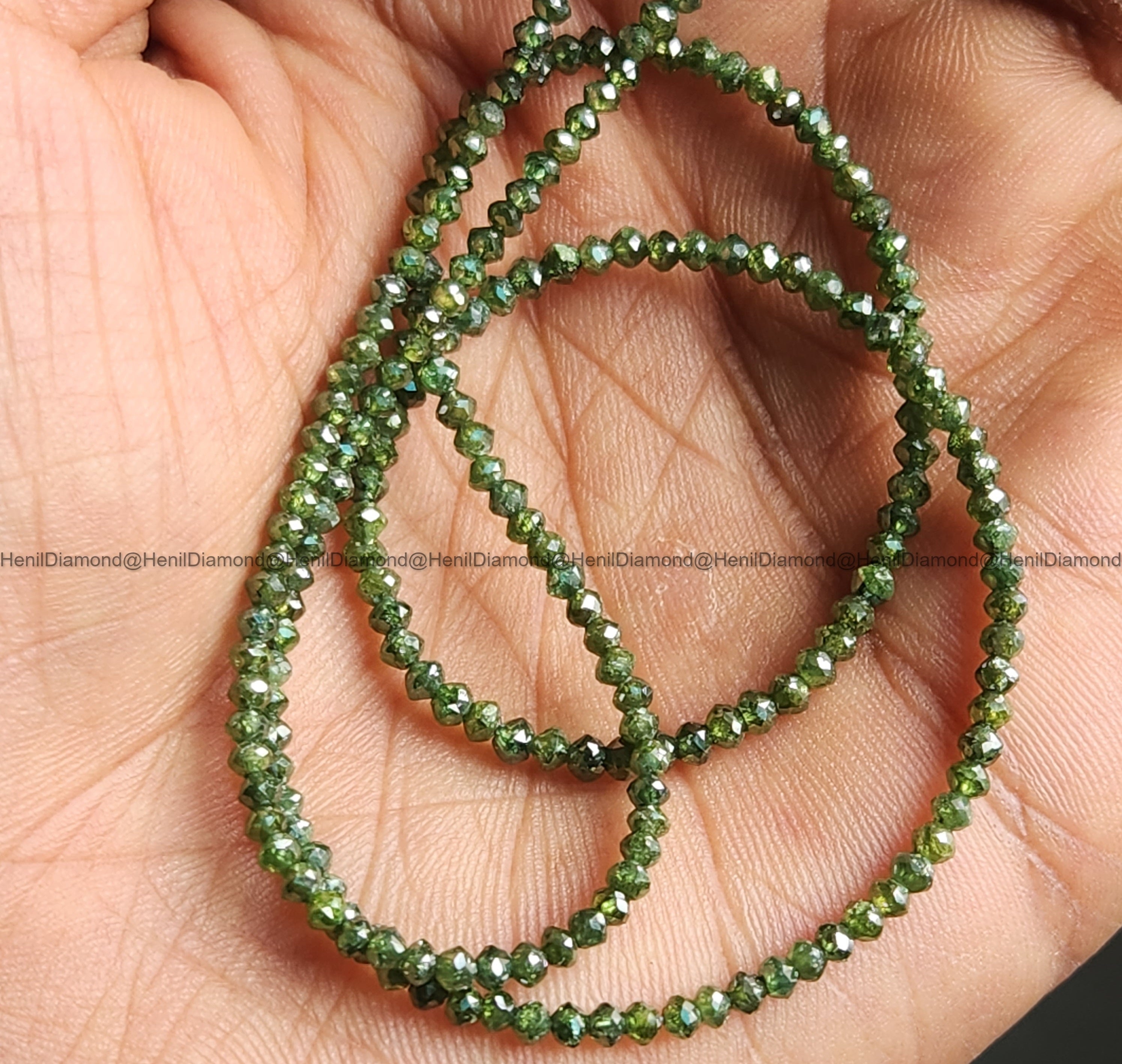 15.00 Ct 1.50-2.50 MM Natural Green Round Polished Loose Diamond Beads 16" Strand Necklace wt Silver Clasp