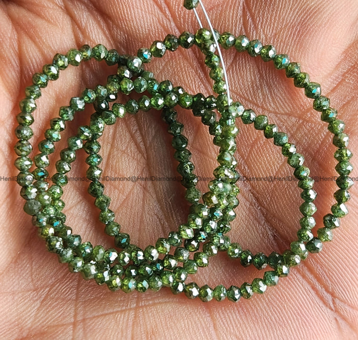 15.00 Ct 1.50-2.50 MM Natural Green Round Polished Loose Diamond Beads 16" Strand Necklace wt Silver Clasp
