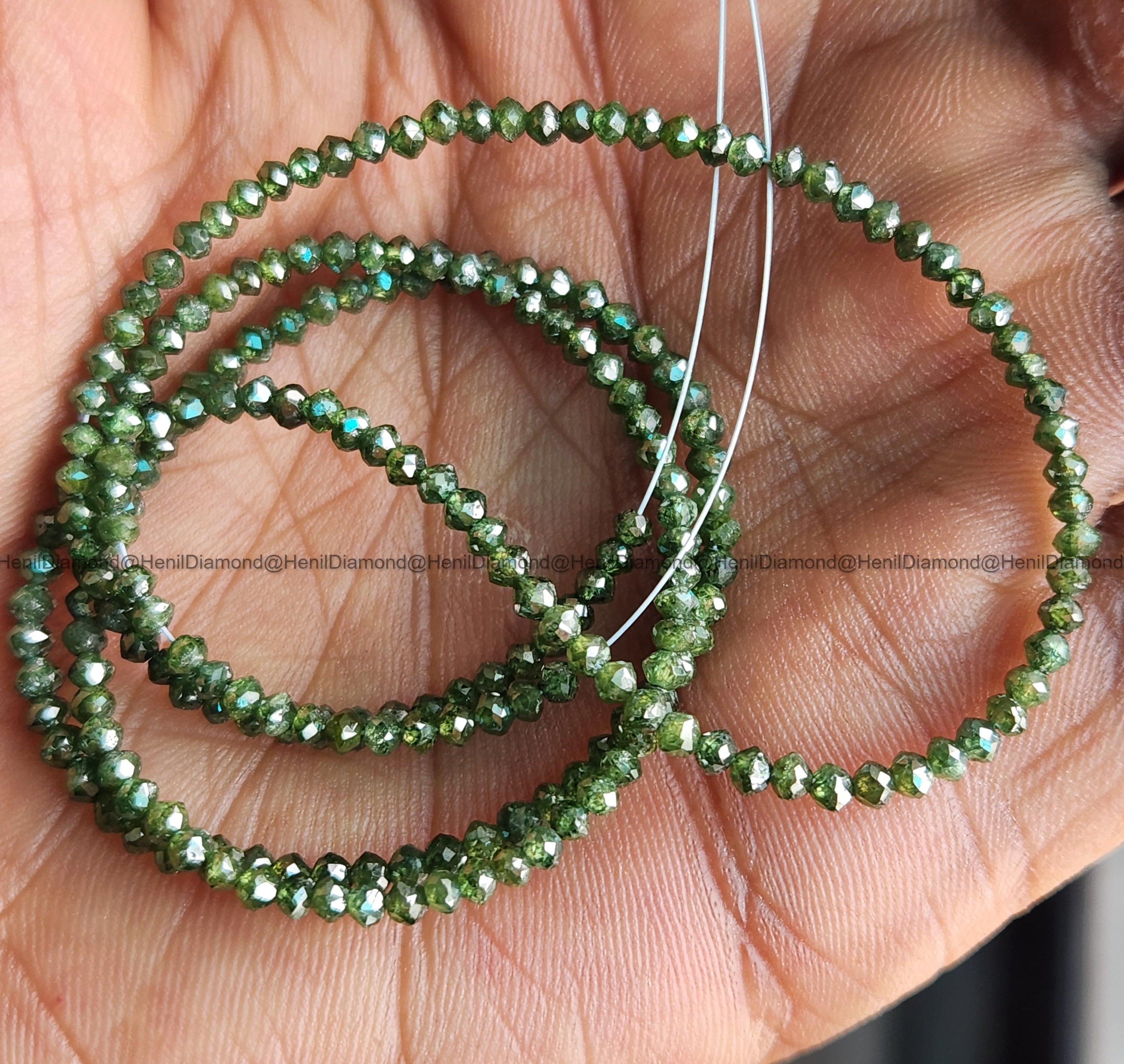 15.00 Ct 1.50-2.50 MM Natural Green Round Polished Loose Diamond Beads 16" Strand Necklace wt Silver Clasp