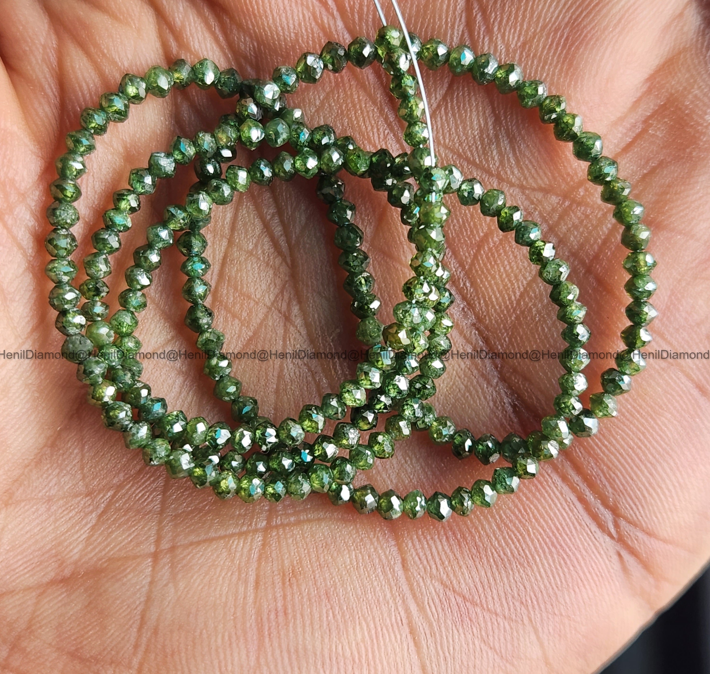 15.00 Ct 1.50-2.50 MM Natural Green Round Polished Loose Diamond Beads 16" Strand Necklace wt Silver Clasp