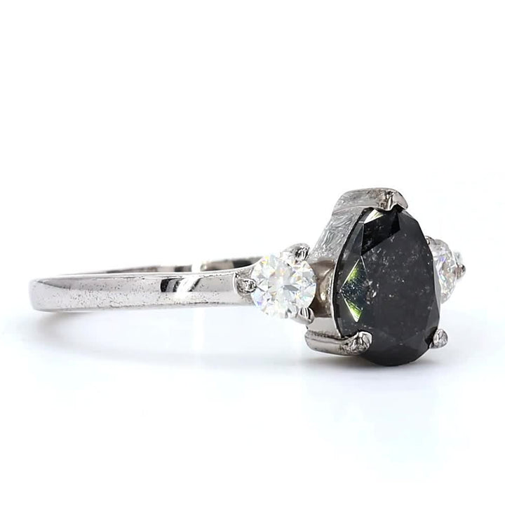 Salt and Pepper Diamond Ring, 14K Gold Three Stone Engagement Ring, Natural Pear Gray Diamond Wedding Ring