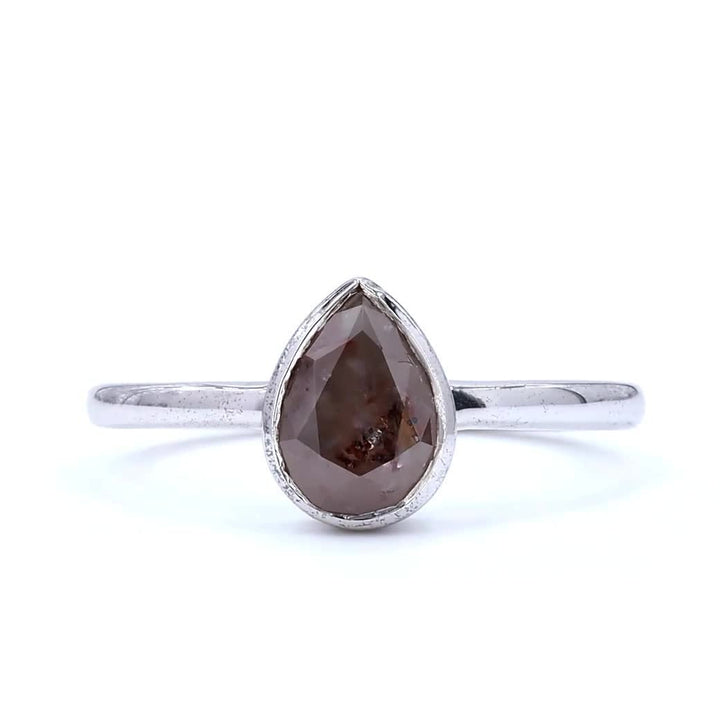 Brown Diamond Ring, 14K Gold Engagement Ring, Natural Pear Diamond Bezel Wedding Ring