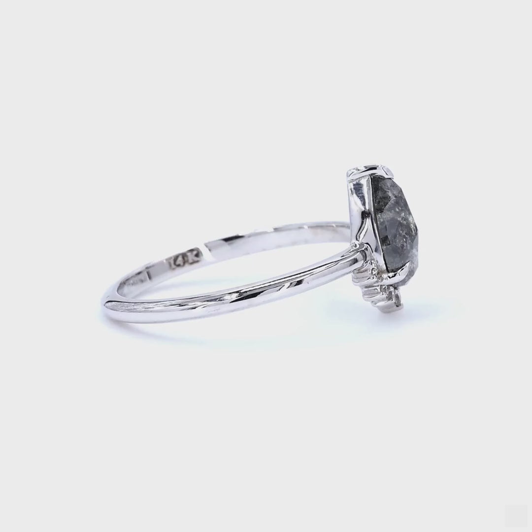 Salt and Pepper Diamond Ring, 14K Gold Engagement Ring, Natural Pear Gray Diamond Wedding Ring, Gift for Her