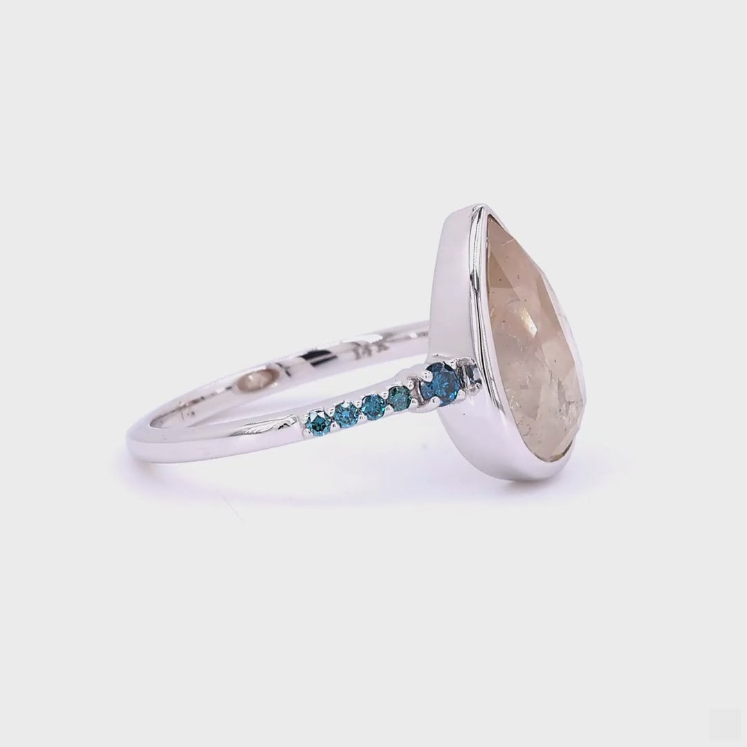 Salt and Pepper Diamond Ring, 14k Gold Pear Engagement Ring, Natural Round Blue Diamond Ring, Gift for Her
