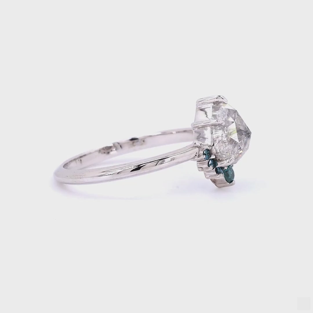 Salt and Pepper Diamond Ring, 14K Gold Engagement Ring, Natural Pear Gray Blue Diamond Wedding Ring