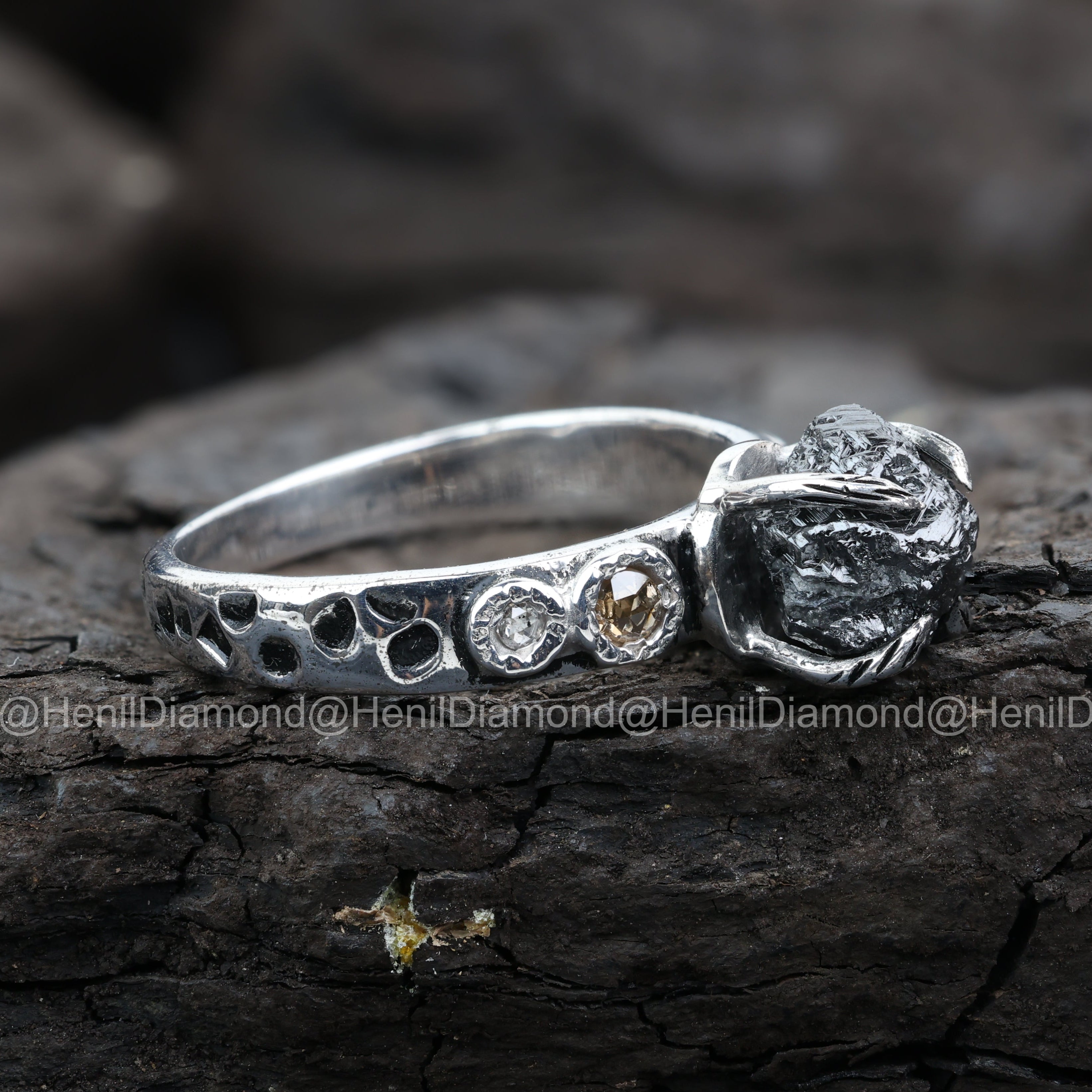 Raw Diamond Ring, 3.75 Ct Natural Black Rough Diamond 14k Gold Engagement Ring, Unique Gift for Her