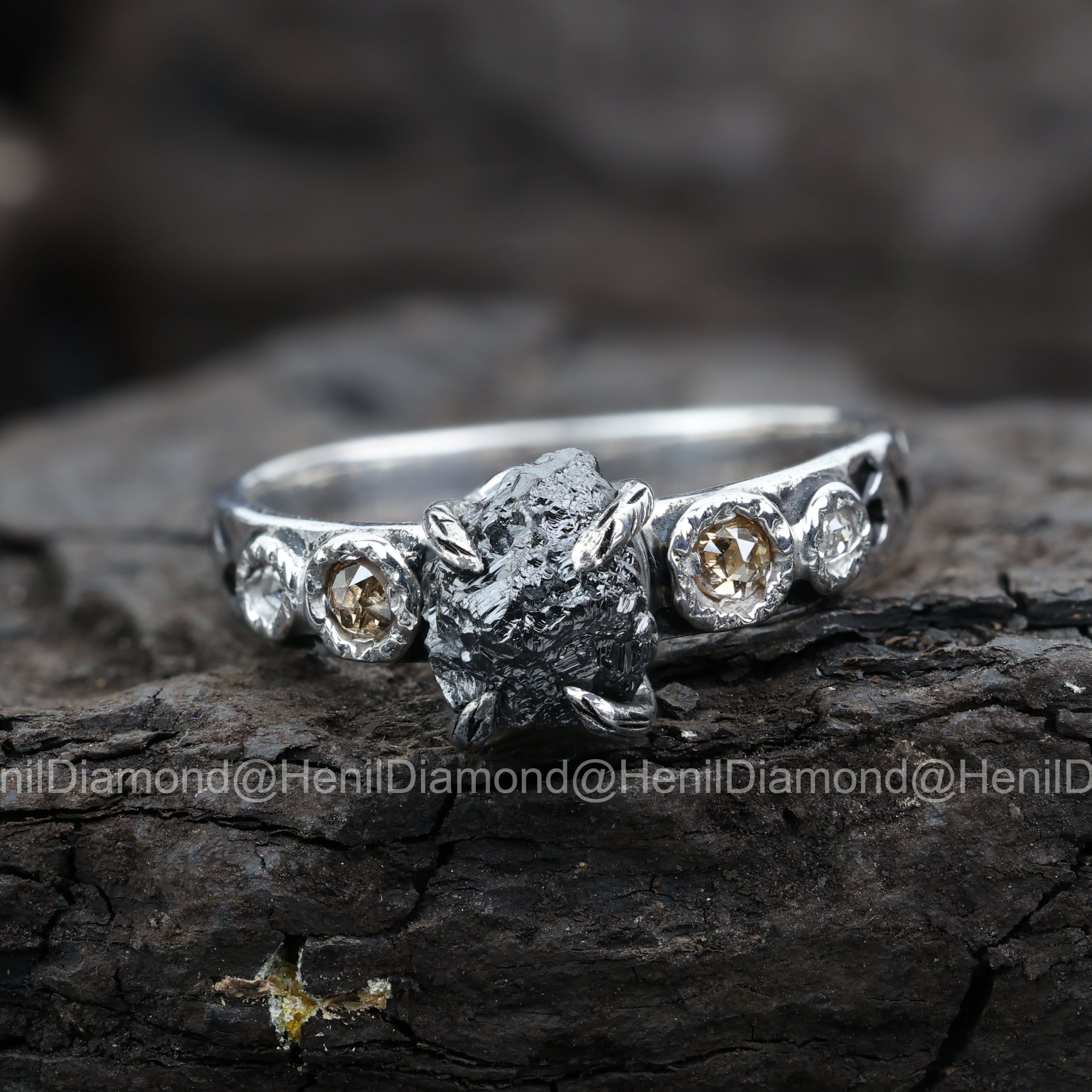 Raw Diamond Ring, 3.75 Ct Natural Black Rough Diamond 14k Gold Engagement Ring, Unique Gift for Her