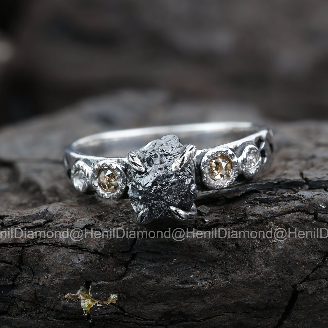 Raw Diamond Ring, 3.75 Ct Natural Black Rough Diamond 14k Gold Engagement Ring, Unique Gift for Her