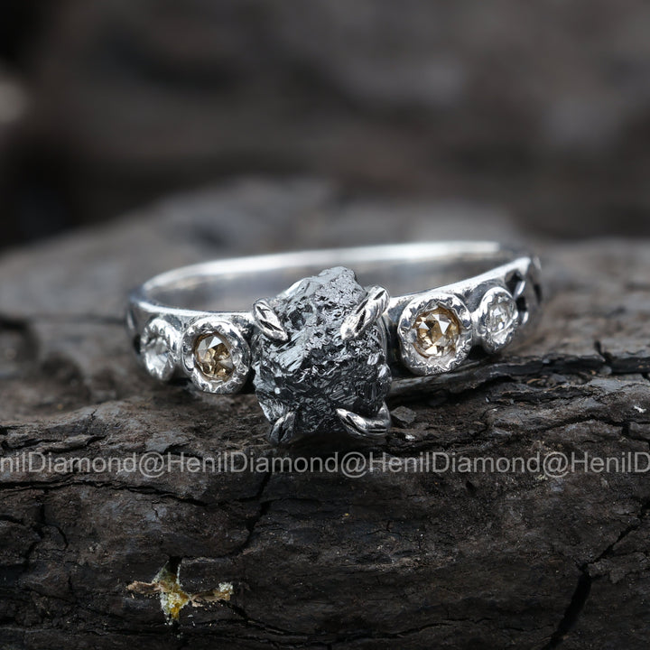 Raw Diamond Ring, 3.75 Ct Natural Black Rough Diamond 14k Gold Engagement Ring, Unique Gift for Her